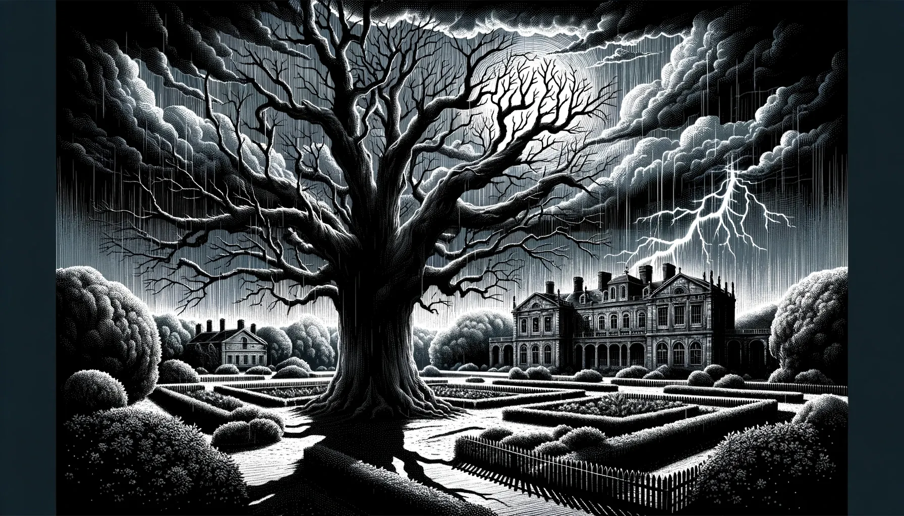 a spooky mansion with trees